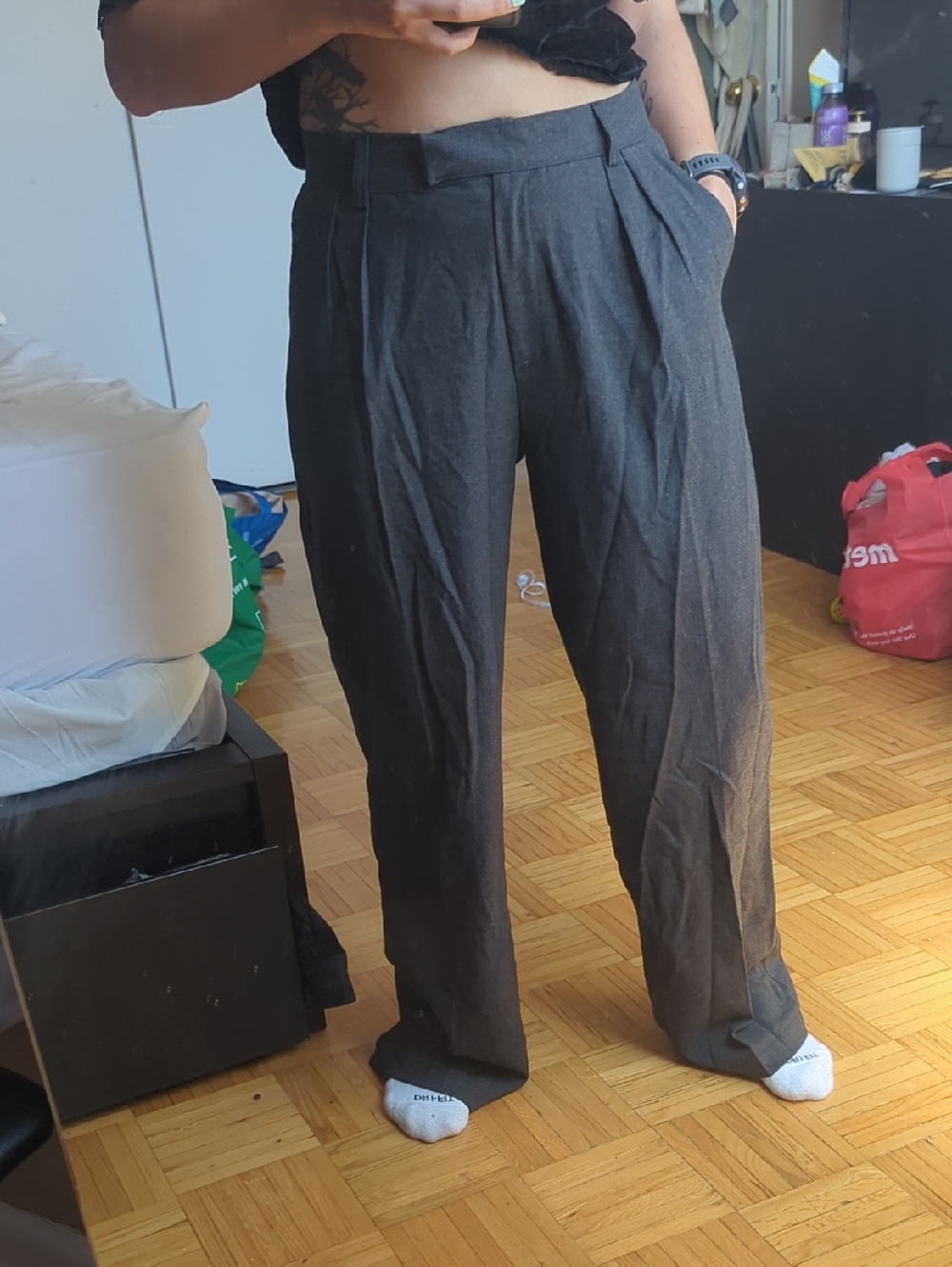 Tailored Wide-Leg Trousers in Charcoal Gray - Women's